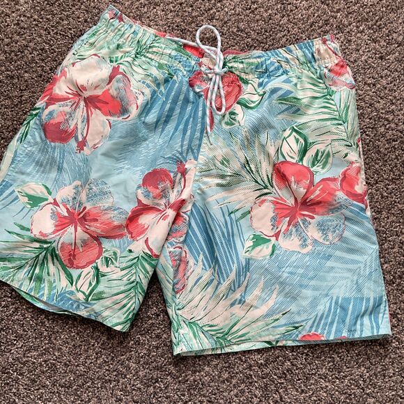 St. John’s Bay Men’s Hawaiian Blue/green Floral Swim Trunk/Board Shorts Size M - Picture 2 of 8